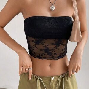 Black floral lace tube top, half sheer